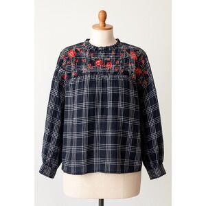Zara Womens‎ Blouse Size L Black Plaid Floral Embroidered Boho Grunge Romantic